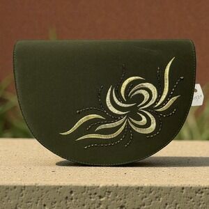 NEW Evening Clutch Purse Womens Green Half Moon‎ Beaded Embroidered Faux Suede